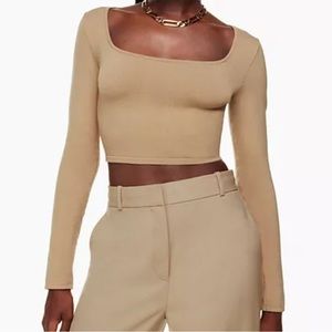 Babaton tan sculpt knit square neck long sleeve top size S